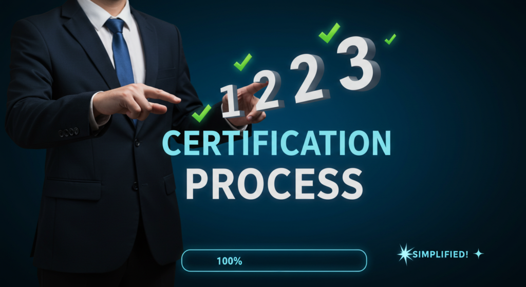 A person in a suit points to a graphic illustrating a three-step "Certification Process" for Funnel Builder Certification, complete with a "100%" completion bar. The word "Simplified" is boldly displayed at the bottom, streamlining the path to mastering sales funnels using Systeme.io.