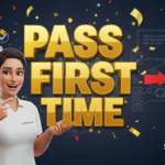 A woman in a white shirt points at the text "Pass First Time" next to a gold certified badge, set against a dark background with confetti and funnel builder icons, highlighting the seamless integration of Systeme.io's certification quiz.