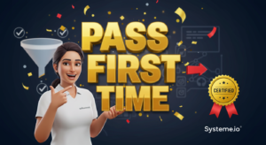 A woman in a white shirt points at the text "Pass First Time" next to a gold certified badge, set against a dark background with confetti and funnel builder icons, highlighting the seamless integration of Systeme.io's certification quiz.