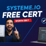 Smiling person holding a Systeme.io certificate. Text reads "Get Certified with Systeme.io Free Cert Worth $997" next to an image of a laptop displaying the Systeme.io interface and a 2-hour timer icon.