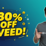 A man points to his shirt adorned with a bold graphic promoting "80% Off VEED!" alongside dollar signs and smiley faces. Discover incredible savings on video editing with Veed.io discount codes today!.