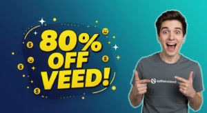 A man points to his shirt adorned with a bold graphic promoting "80% Off VEED!" alongside dollar signs and smiley faces. Discover incredible savings on video editing with Veed.io discount codes today!.