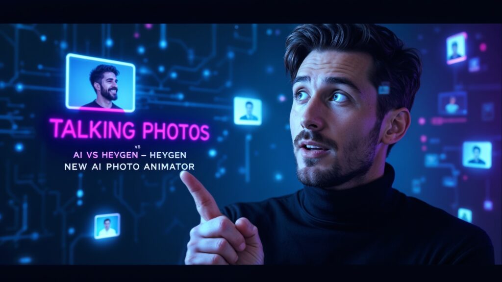 A man points toward a screen showcasing digital profiles with the text "Talking Photos vs AI vs Heygen - Heygen: New AI Photo Animator." Discover exciting Lifetime Deal options and explore various HeyGen alternatives to bring your photos to life with TalkingPhotos AI.