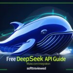 Illustration of a glossy blue whale with text: "Free DeepSeek R1 API Guide - Make.com Automation Integration - softreviewed.