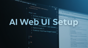 Computer screens displaying programming code and a web browser, with the text "AI Web UI Setup" overlaid. This Web-UI offers a beginner-friendly guide, ensuring even novices can navigate seamlessly while addressing common installation issues effectively.