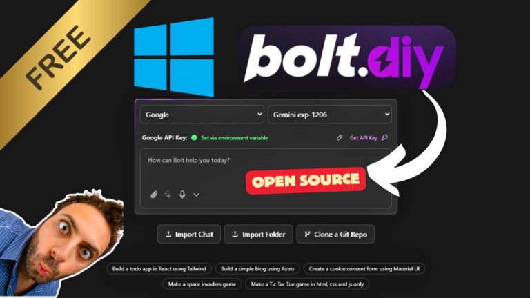 The graphical interface of Bolt.ai, featuring options for importing chat, folders, and cloning Git repos, now includes an "Install" button. A "FREE" label and a surprised face emoji add a touch of excitement!.