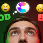 A person gazes at a thought bubble featuring a color wheel and smiley emojis, illustrating choices from "Good" to "Bad." This scene could easily be crafted with CreateStudio, a 2D/3D character animation software, giving creators the power to animate engaging narratives.