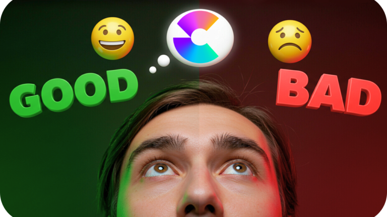 A person gazes at a thought bubble featuring a color wheel and smiley emojis, illustrating choices from "Good" to "Bad." This scene could easily be crafted with CreateStudio, a 2D/3D character animation software, giving creators the power to animate engaging narratives.