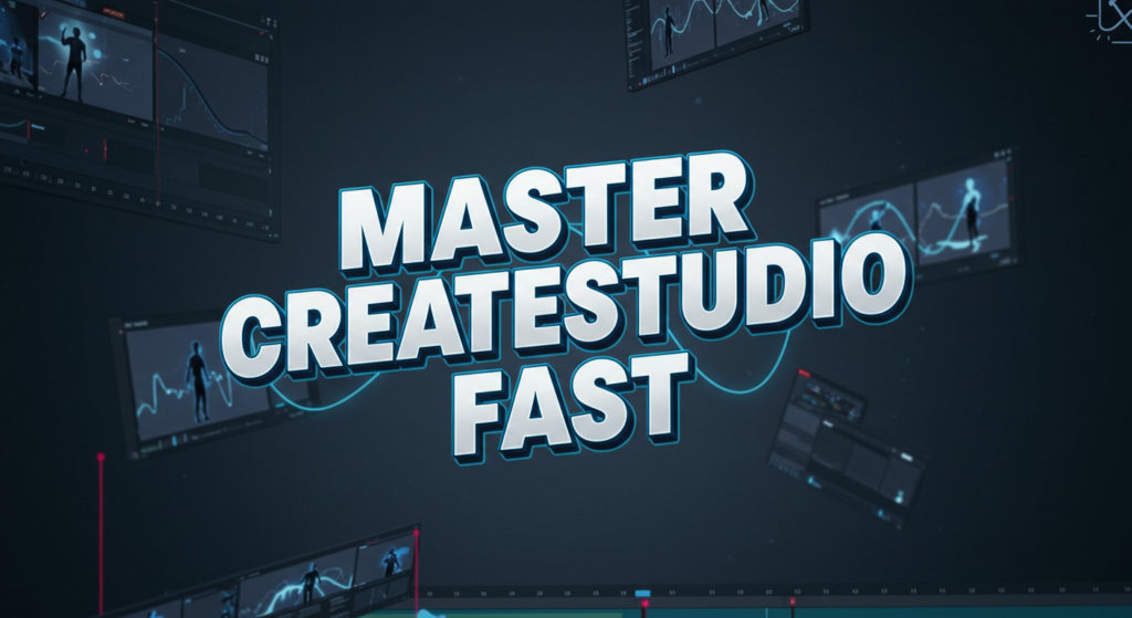 Text reading "Master CreateStudio Fast" on a dark background, surrounded by scattered charts and graphs, highlights the power of this animation software.