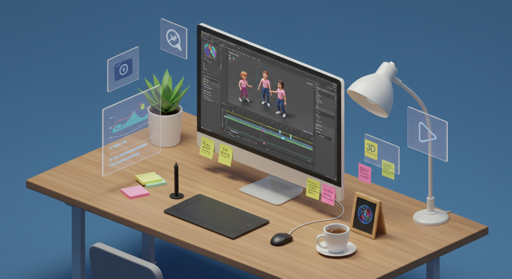 A desk with a computer showcasing 3D character models using CreateStudio 4 Ltd's animation software, accompanied by a graphic tablet, lamp, plant, coffee cup, and post-it notes. Digital interface elements hover around the screen in review mode.