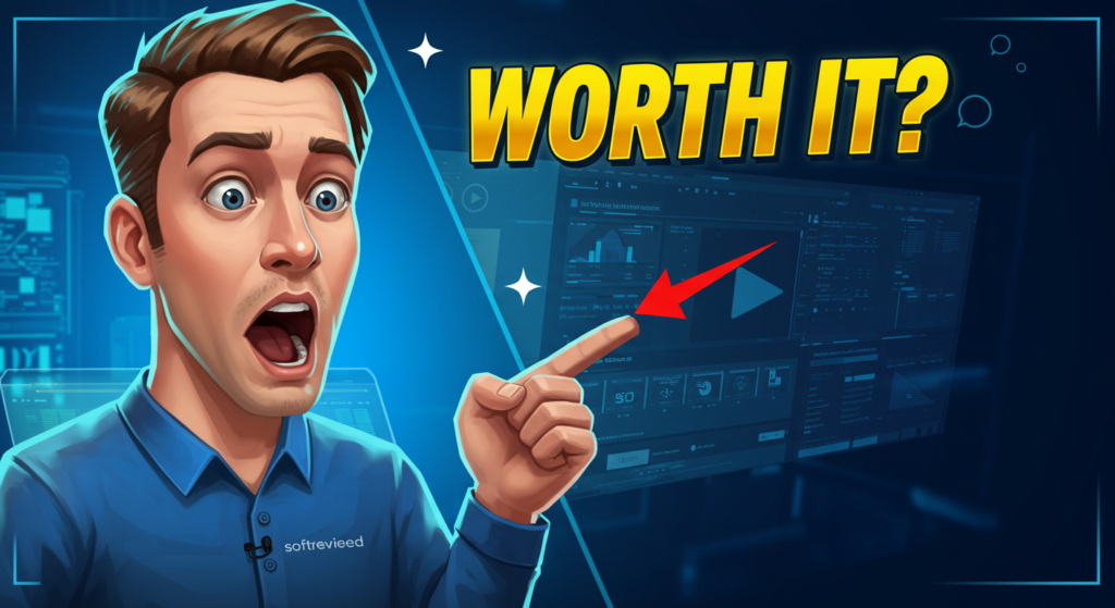 Illustration of a surprised person pointing to a computer screen with a red arrow, seemingly in the middle of assessing CreateStudio 4 Ltd. The text "WORTH IT?" appears above, hinting at an insightful review.