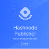 Blue promotional graphic for "Hashnode Publisher" with a "softreviewed" badge and an "Install" button, stating "Publish directly to hash node.