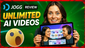 A woman smiles and holds a tablet displaying a video of two people with headphones; bold text reads "JOGG Review: Jogg AI UNLIMITED AI VIDEOS" with a shocked emoji on the left.