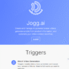 Screenshot of the Jogg ai platform home page showing options to create AI-powered avatar videos, with an "Install" button and a section about video generation triggers using the jogg API or Make.com integration.