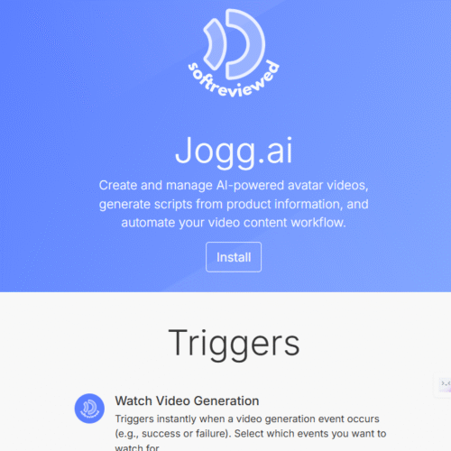 Screenshot of the Jogg ai platform home page showing options to create AI-powered avatar videos, with an "Install" button and a section about video generation triggers using the jogg API or Make.com integration.