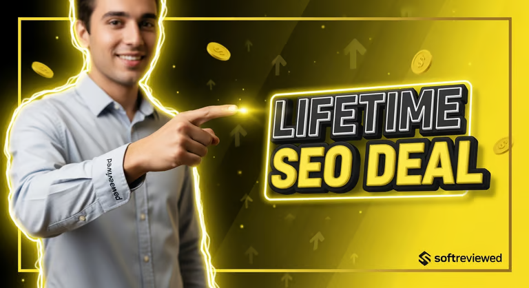 A man in a light shirt points to glowing text that reads "Lifetime SEO Deal," with coins and arrows in the background, highlighting Automated On-Page SEO. The image is branded with the Softreviewed logo.