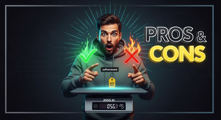 A man points at a digital tablet displaying software, with a green checkmark and red X behind him, and the text "Pros & Cons" to the right, highlighting Jogg AI's unlimited content and powerful AI video generator features.