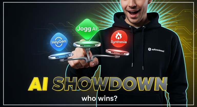 A person in a black hoodie points at virtual icons for HeyGen, Jogg AI, and Synthesia—popular AI video generator tools—above the text "AI Showdown: who wins?" on a digital-themed background.