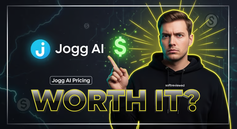 A man in a black hoodie points at a glowing dollar sign beside the Jogg AI logo, highlighting “Jogg AI Pricing: Worth It?” in bold, while showcasing the power of an AI video generator for unlimited content creation.