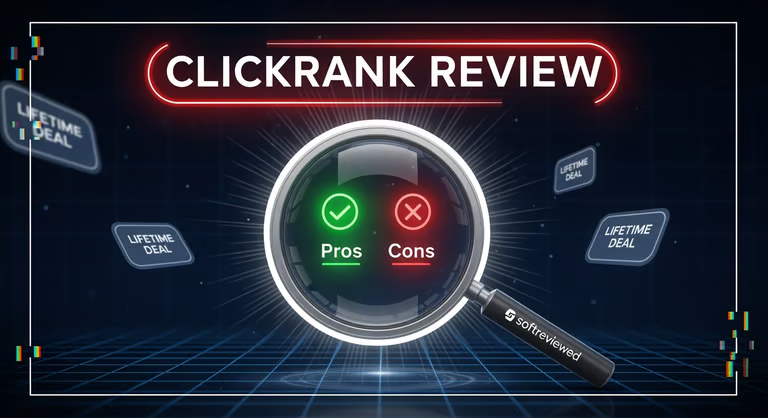 A graphic with the title "ClickRank Review" highlights a magnifying glass over a button labeled "Pros" with a green check and "Cons" with a red X, surrounded by "Lifetime Deal" signs—perfect for showcasing AI-Powered SEO and On-Page SEO benefits.