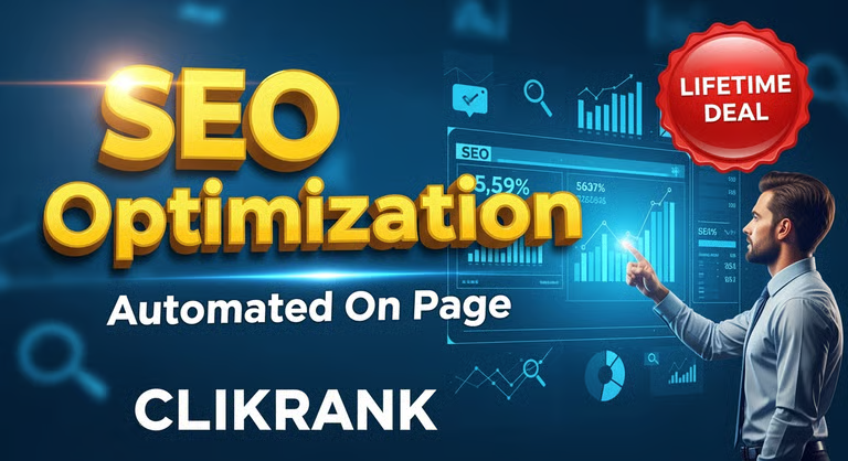 A businessman interacts with digital SEO analytics, featuring text: "AI-Powered SEO, Automated On-Page SEO, CLiKRANK, Lifetime Deal.