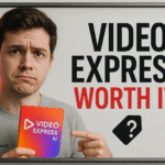 A man holds a Video Express AI card and points at it with a concerned expression. Text beside him reads, "VIDEO EXPRESS: WORTH IT?" with a price tag icon below, highlighting the Lifetime Deal for this AI video creation tool.