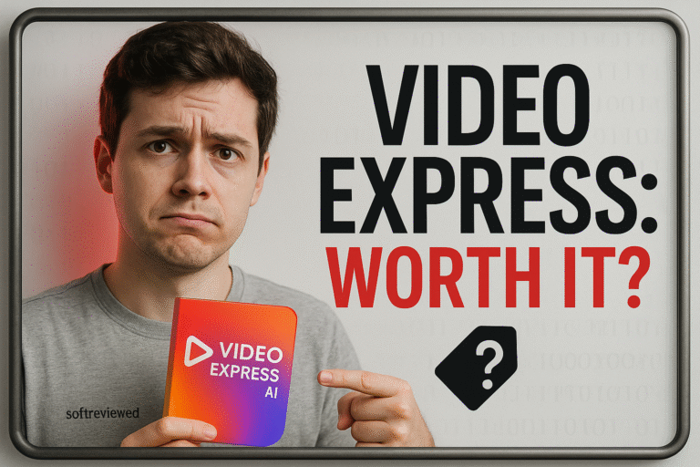 A man holds a Video Express AI card and points at it with a concerned expression. Text beside him reads, "VIDEO EXPRESS: WORTH IT?" with a price tag icon below, highlighting the Lifetime Deal for this AI video creation tool.