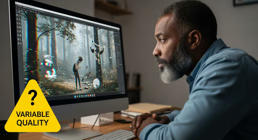 A person closely examines digital artwork on a computer screen with visual glitches and a "Variable Quality" warning, highlighting the unpredictable results sometimes seen in AI Video Creation.