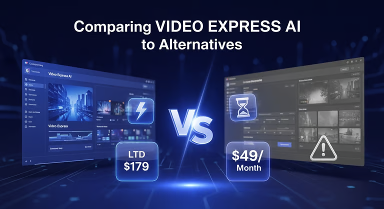 Side-by-side comparison of Video Express AI's Lifetime Deal for AI Video Creation at $179 vs. an alternative at $49 per month. Features and pricing are visually contrasted.