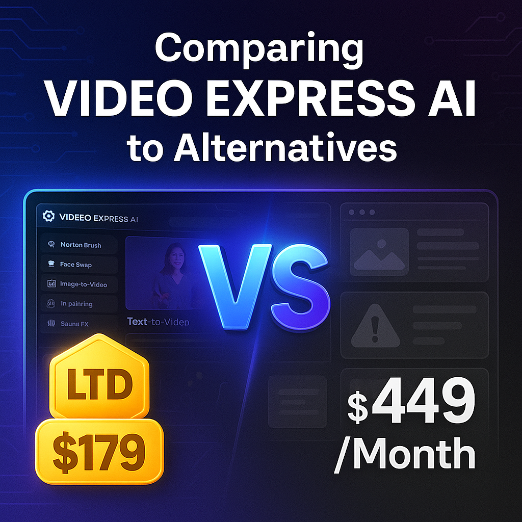 A comparison of Video Express AI’s Lifetime Deal at a one-time cost of $179 versus alternatives at $449 per month, featuring AI video creation icons in the background.