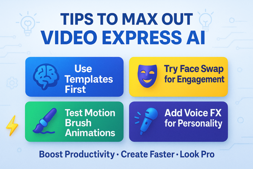 Four tips for using Video Express AI: use templates, try face swap, test motion brush animations, and add voice FX. Unlock smarter AI video creation with these features. Boost Productivity • Create Faster • Look Pro.