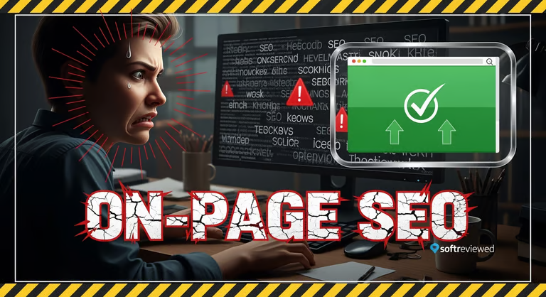 A worried person looks at computer screens with AI-Powered SEO warnings; a checkmark on another screen and “ON-PAGE SEO” in bold text appear in the foreground, highlighting the benefits of a Lifetime Deal.