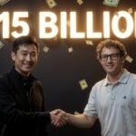 Two men shake hands in front of a sign reading "$15 BILLION," with dollar bills and references to Scale AI suspended in the air around them.