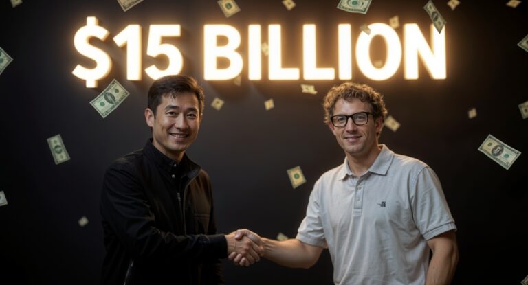 Two men shake hands in front of a sign reading "$15 BILLION," with dollar bills and references to Scale AI suspended in the air around them.
