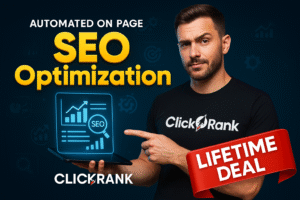 A man in a ClickRank shirt holds a laptop with an AI-Powered SEO graphic. Text reads “Automated On-Page SEO Optimization” and “Lifetime Deal.”.