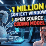A robot and surprised man at computers with text: "1 million context window, Open Source 1M Token Coder." The man holds a tablet displaying "Gemini 2.5 Alternative Open Source Coding model.