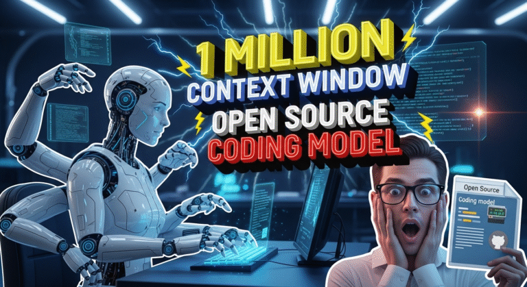 A robot and surprised man at computers with text: "1 million context window, Open Source 1M Token Coder." The man holds a tablet displaying "Gemini 2.5 Alternative Open Source Coding model.