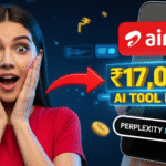 A surprised woman stands beside a smartphone displaying Airtel and Perplexity Pro logos, amazed by the offer of a free AI Tool worth ₹17,000.