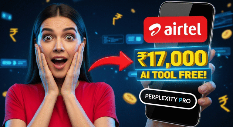 A surprised woman stands beside a smartphone displaying Airtel and Perplexity Pro logos, amazed by the offer of a free AI Tool worth ₹17,000.