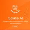 Orange graphic with "softreviewed" logo above the text "Qolaba AI," an AI-powered Creative Media Transformation platform for marketers, featuring an "Install" button to get your custom app.