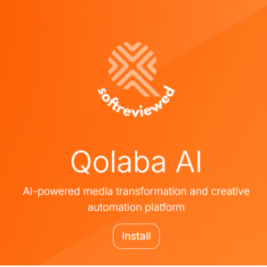 Orange graphic with "softreviewed" logo above the text "Qolaba AI," an AI-powered Creative Media Transformation platform for marketers, featuring an "Install" button to get your custom app.