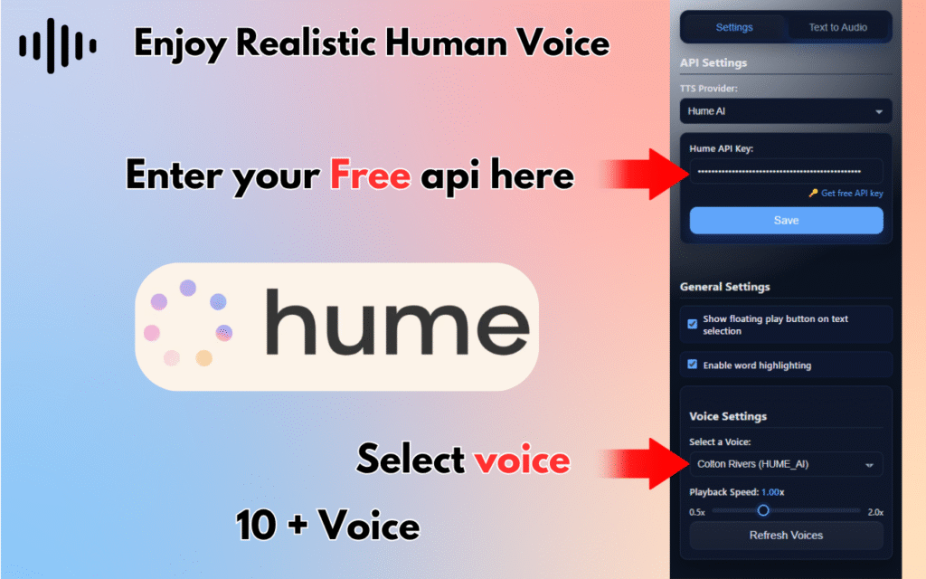 Screenshot of a text-to-speech settings interface for a TTS chrome extension, featuring options to enter a Hume API key, select a voice, and adjust playback speed. Overlay text provides instructional guidance for using Read Aloud features.