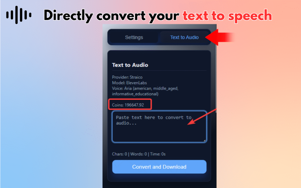 Screenshot of a text-to-audio conversion tool, similar to a TTS Chrome extension like Read Aloud or elevnlabs, showing highlighted areas for entering text and displaying the available coins balance.