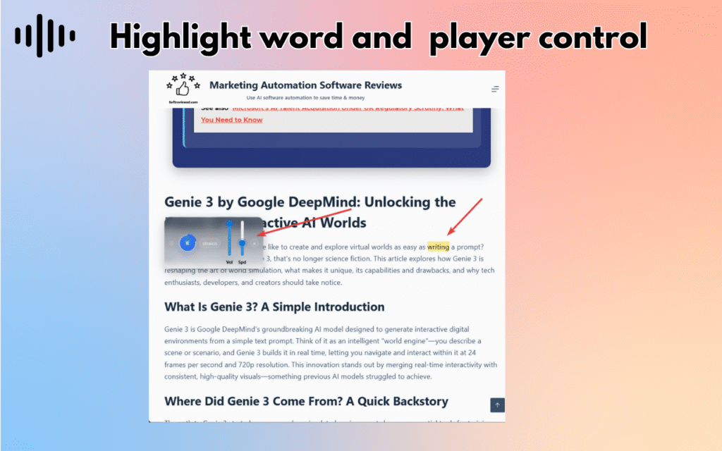 A website page on "Genie 3 by Google DeepMind." An arrow and highlight emphasize the word “writing.” Large black text reads "Highlight word and player control," featuring Read Aloud options via a handy Chrome extension.