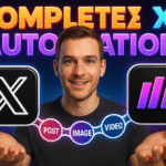 A person stands smiling with their hands raised, holding icons for X and Make.com, with text reading "Automate X.com Posting" and flowchart symbols for post, image, and video—highlighting a no code automation solution.