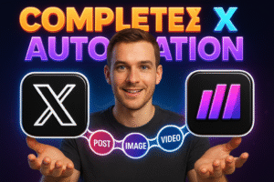 A person stands smiling with their hands raised, holding icons for X and Make.com, with text reading "Automate X.com Posting" and flowchart symbols for post, image, and video—highlighting a no code automation solution.