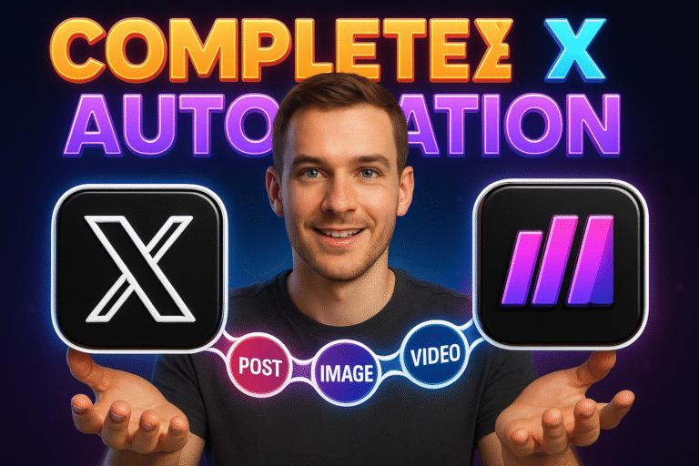 A person stands smiling with their hands raised, holding icons for X and Make.com, with text reading "Automate X.com Posting" and flowchart symbols for post, image, and video—highlighting a no code automation solution.