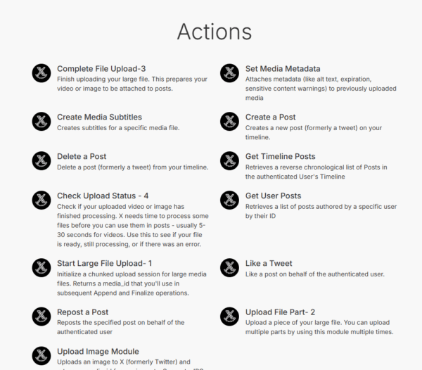 A list of social media platform actions, each with a brief description and an icon, including uploads, reposts, likes, deletions, timeline checks, and Twitter auto-post via X API integration. A list of social media platform actions, each with a brief description and an icon, including uploads, reposts, likes, deletions, timeline checks, and Twitter auto-post via X API integration.