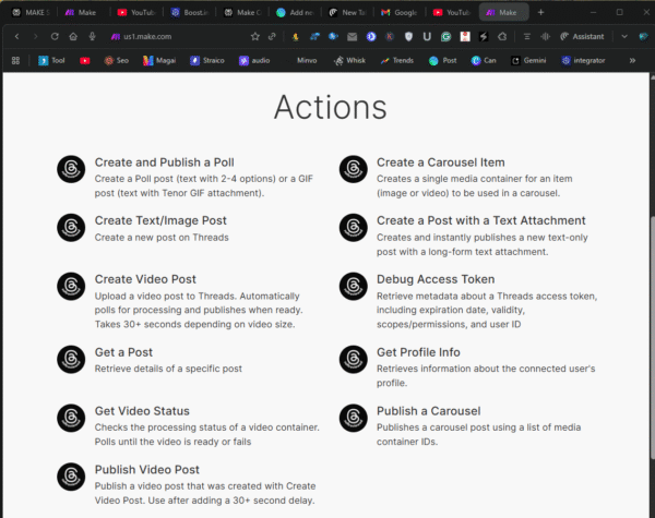 Screenshot of a web page titled "Actions" listing options for creating and managing various types of social media posts, carousels, automate schedule posts, and accessing video and profile data. Screenshot of a web page titled "Actions" listing options for creating and managing various types of social media posts, carousels, automate schedule posts, and accessing video and profile data.