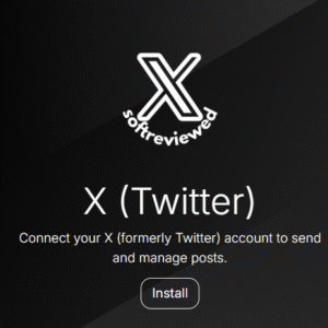 Logo and text promoting the installation of an app for connecting and managing X (formerly Twitter) accounts, featuring Twitter API integration and an "Install" button for streamlined social media management.